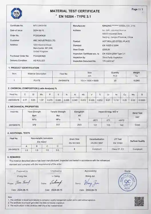 EN 10204 Type 3.1 Material Test Certificate